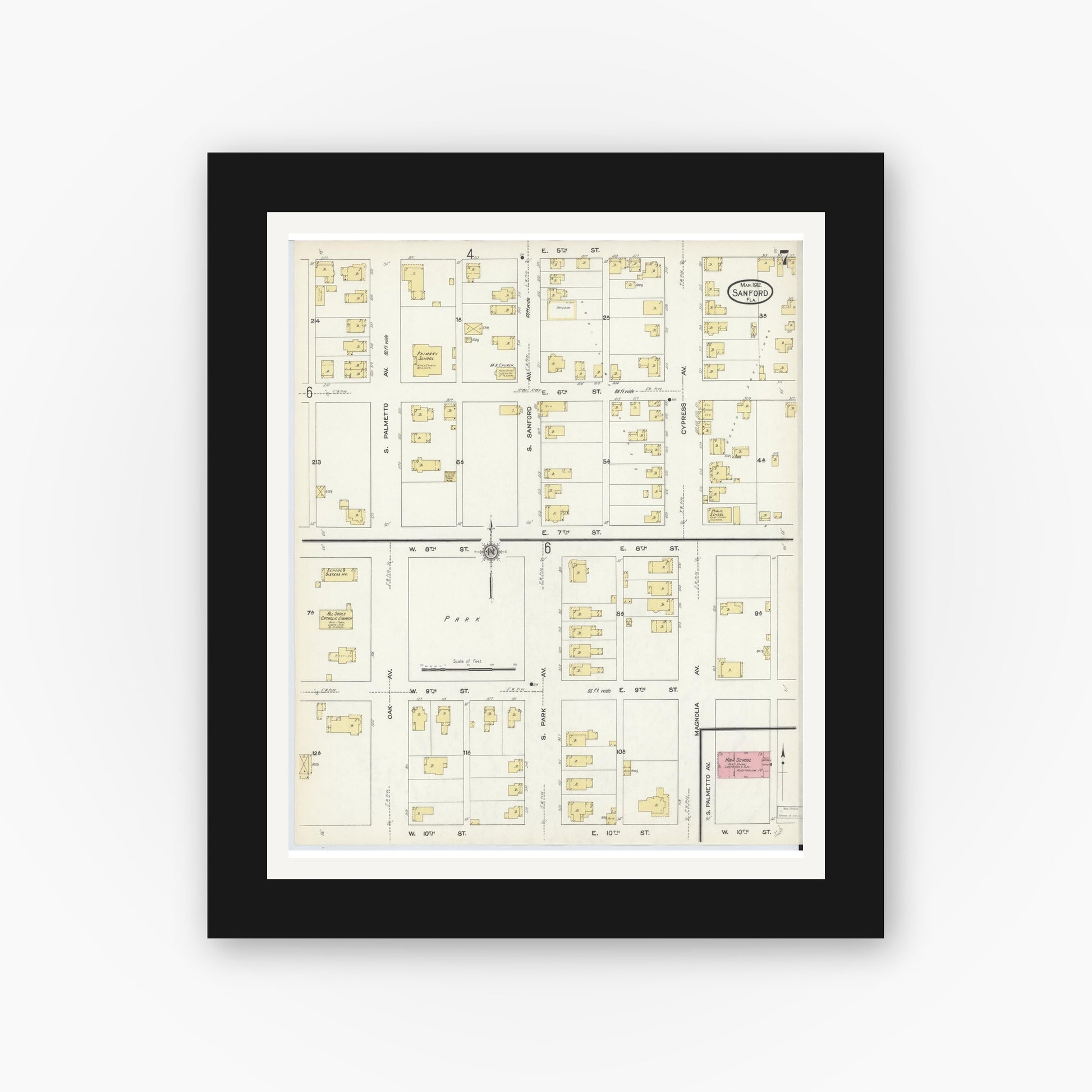 Old map wall art mockup — black gallery frame with white mat — Sanborn Fire Insurance Map from Sanford, Seminole County, Florida (1912), Sheet #0007