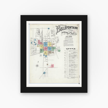 Old map wall art mockup — black gallery frame with white mat — Sanborn Fire Insurance Map from Bellefontaine, Logan County, Ohio (1896) - Complete Map Set