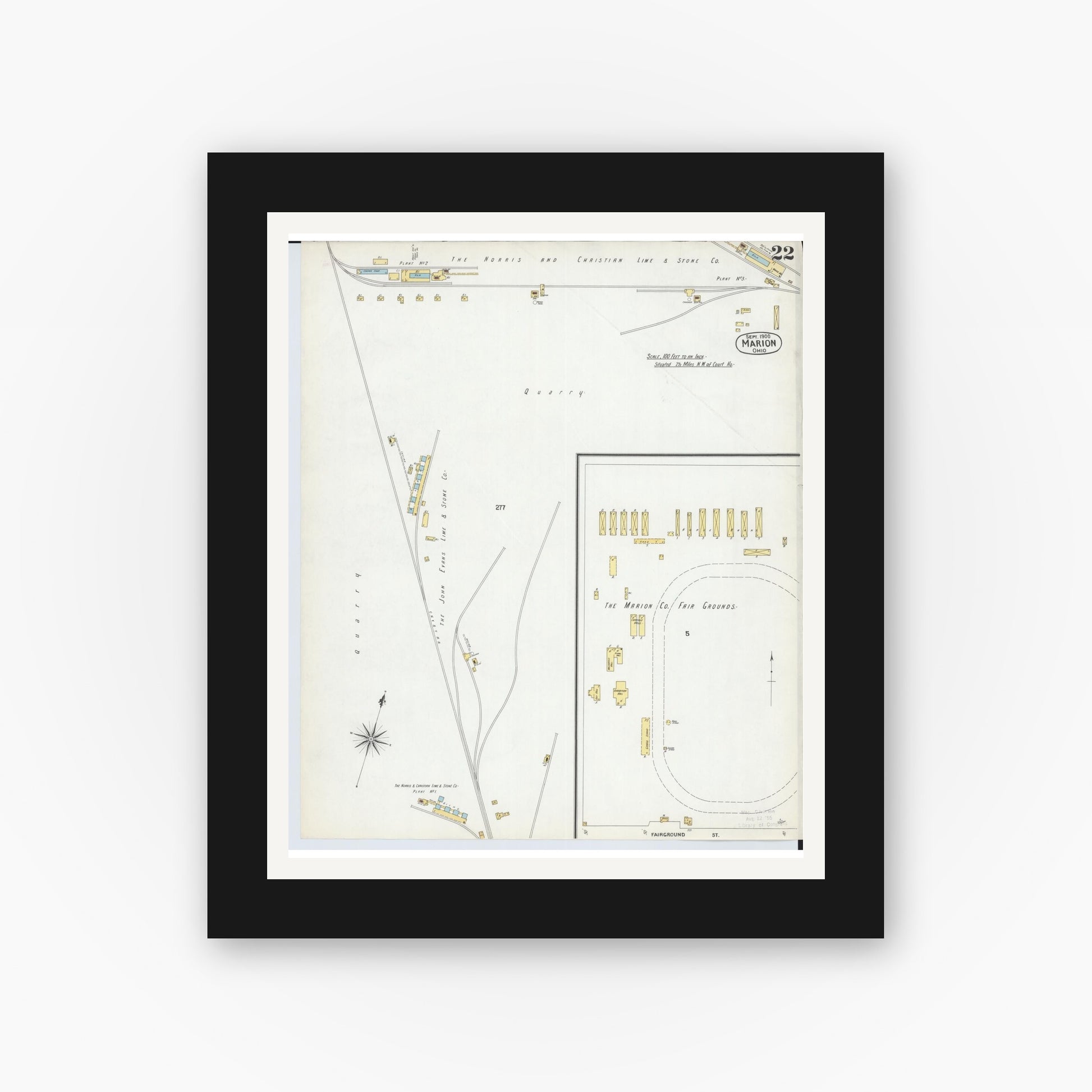 Old map wall art mockup — black gallery frame with white mat — Sanborn Fire Insurance Map from Marion, Marion County, Ohio (1900), Sheet #0022