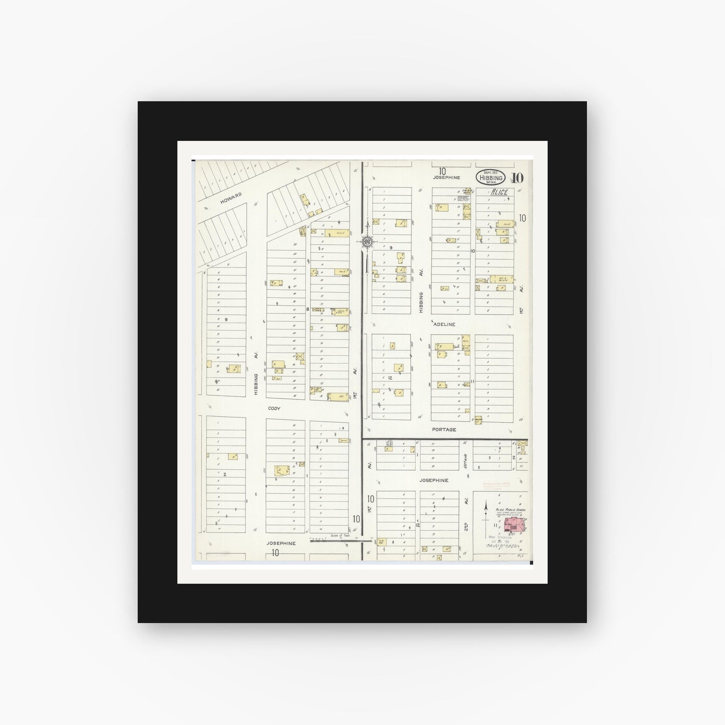 Old map wall art mockup — black gallery frame with white mat — Sanborn Fire Insurance Map from Hibbing, Saint Louis County, Minnesota (1913), Sheet #0010
