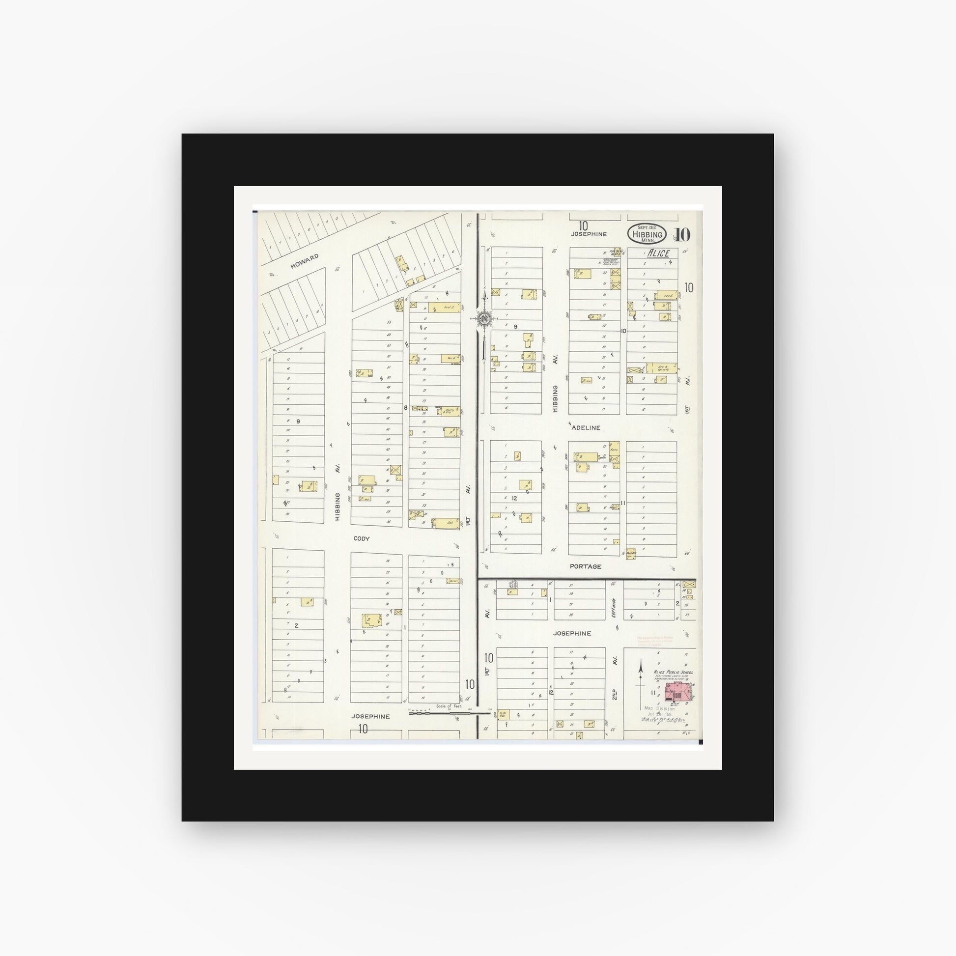Old map wall art mockup — black gallery frame with white mat — Sanborn Fire Insurance Map from Hibbing, Saint Louis County, Minnesota (1913), Sheet #0010