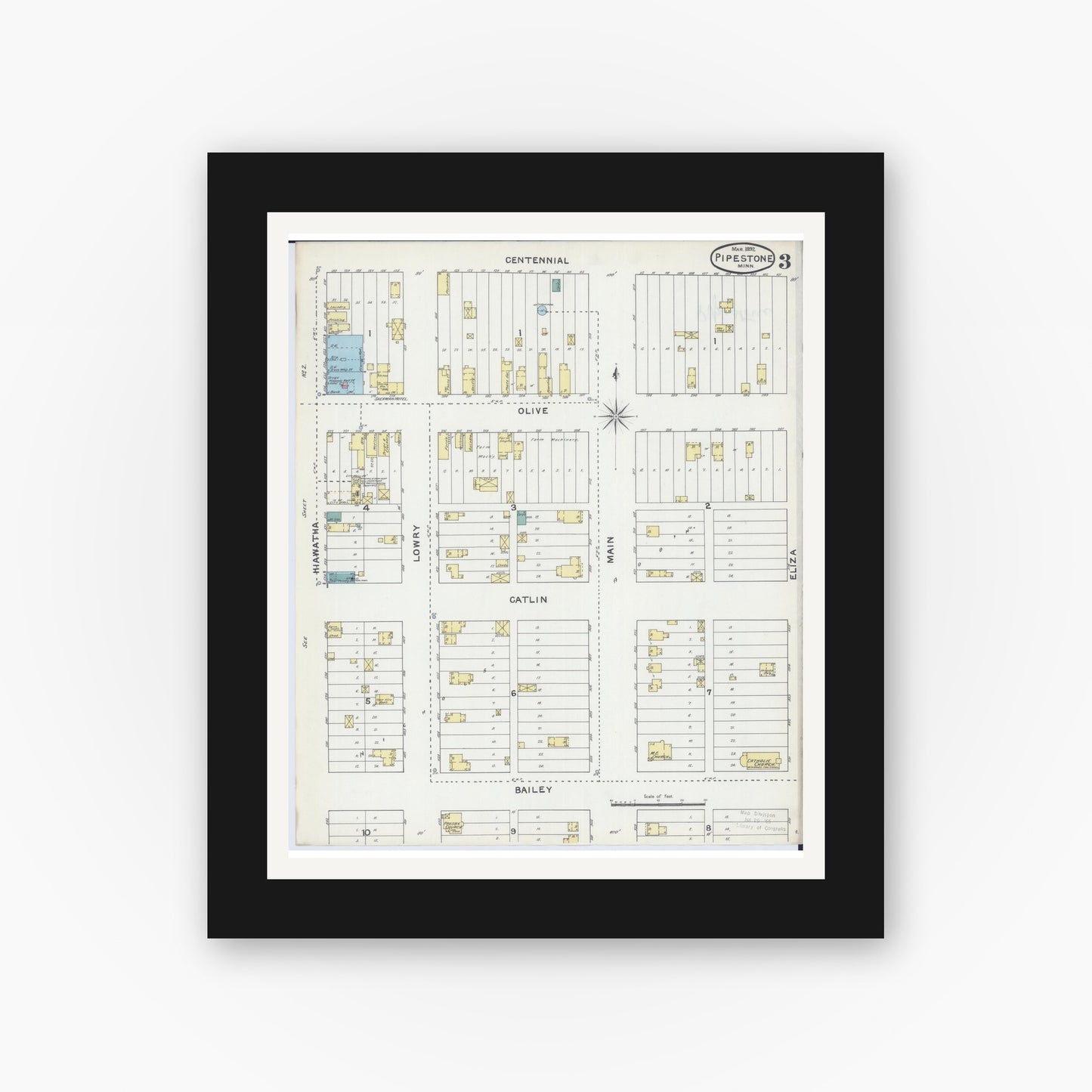 Old map wall art mockup — black gallery frame with white mat — Sanborn Fire Insurance Map from Pipestone, Pipestone County, Minnesota (1892), Sheet #0003