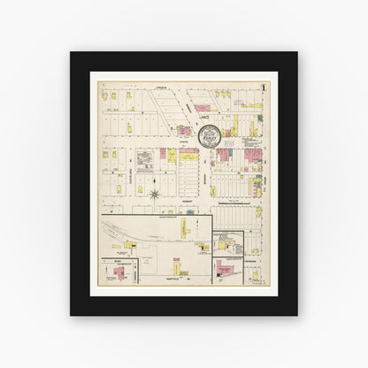 Old map wall art mockup — black gallery frame with white mat — Sanborn Fire Insurance Map from Ashley, Steuben County, Indiana (1909), Sheet #0001