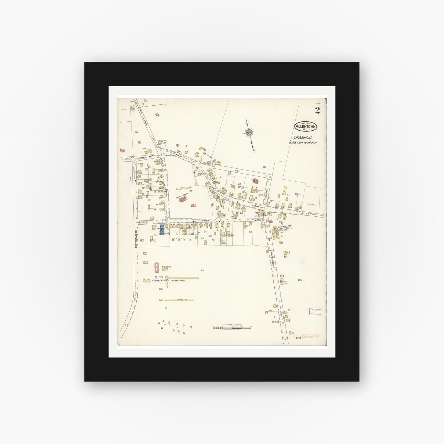 Old map wall art mockup — black gallery frame with white mat — Sanborn Fire Insurance Map from Allentown, Monmouth County, New Jersey (1922), Sheet #0002