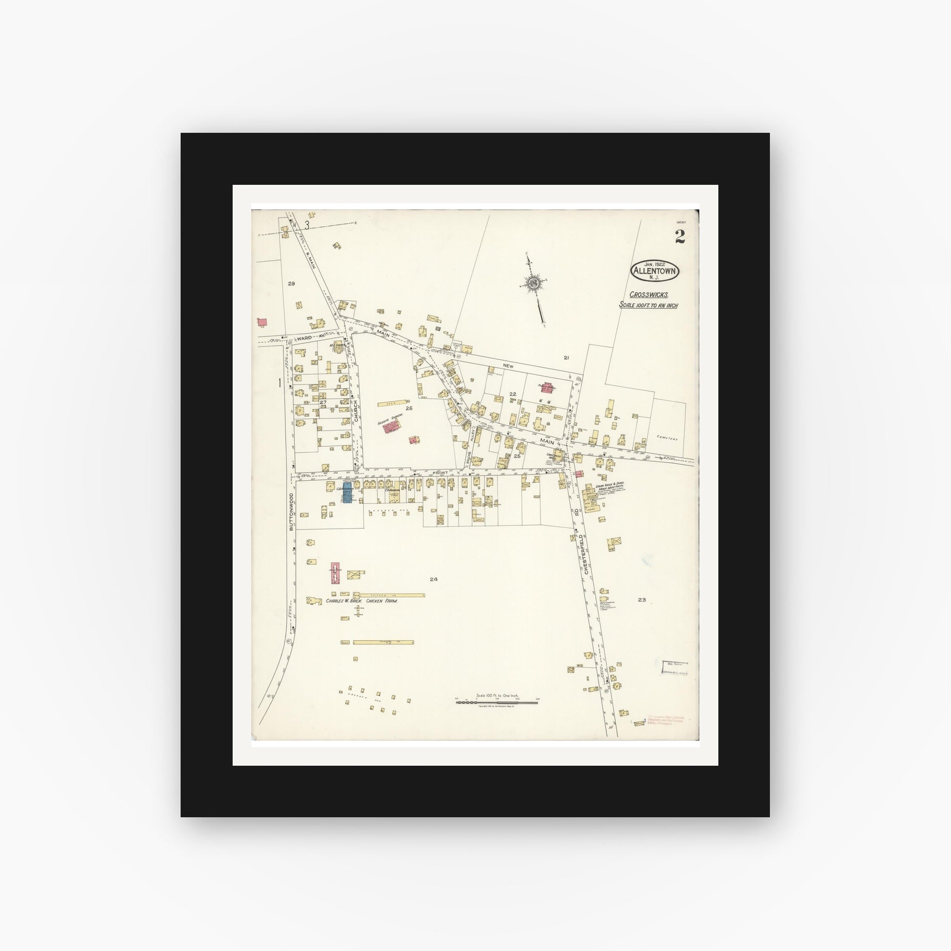 Old map wall art mockup — black gallery frame with white mat — Sanborn Fire Insurance Map from Allentown, Monmouth County, New Jersey (1922), Sheet #0002