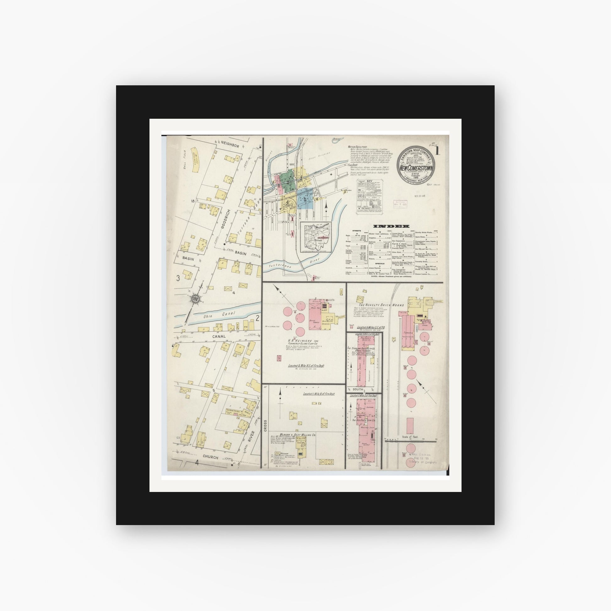 Old map wall art mockup — black gallery frame with white mat — Sanborn Fire Insurance Map from Newcomerstown, Tuscarawas County, Ohio (1915) - Complete Map Set