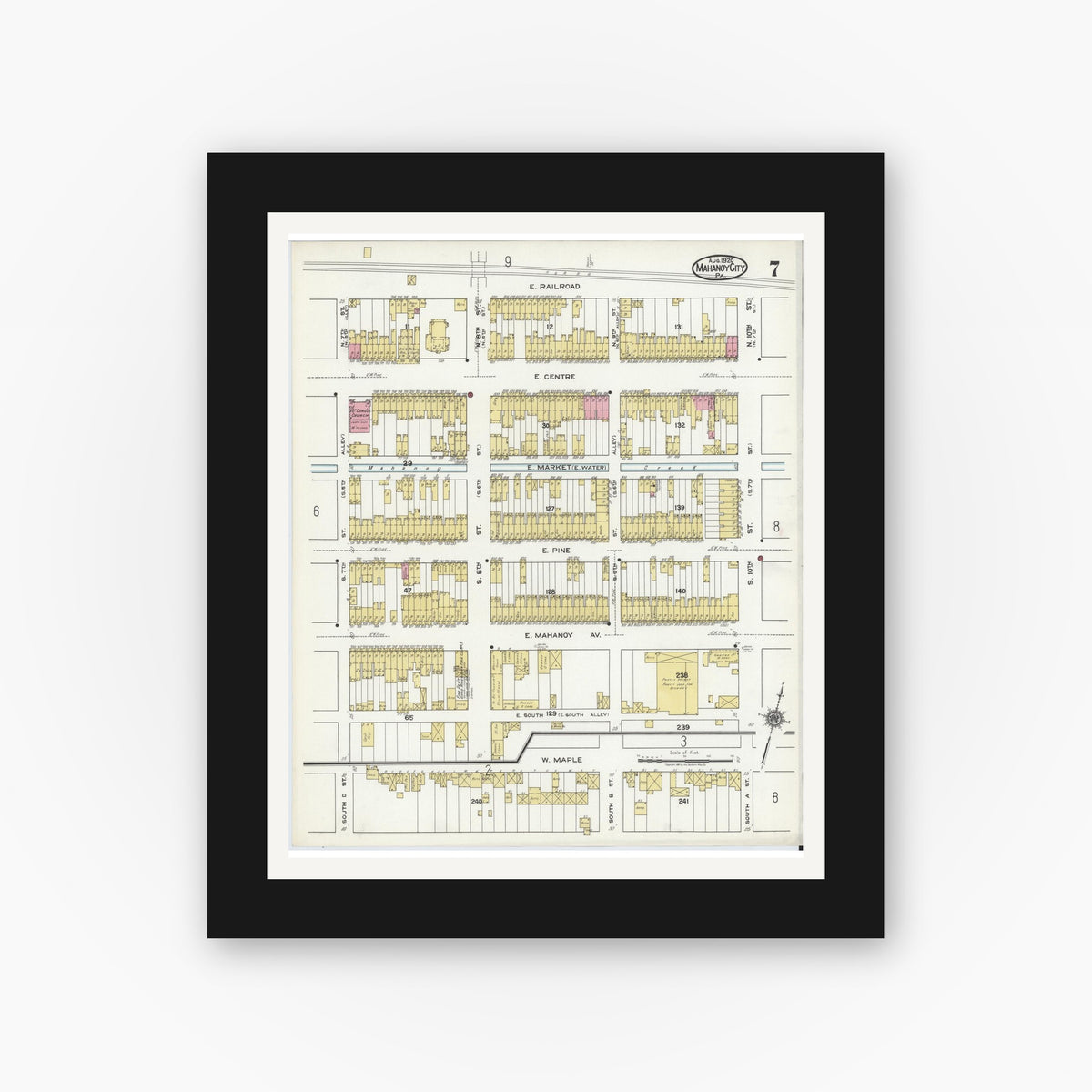 Old map wall art mockup — black gallery frame with white mat — Sanborn Fire Insurance Map from Mahanoy City, Schuylkill County, Pennsylvania (1920), Sheet #0007