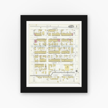Old map wall art mockup — black gallery frame with white mat — Sanborn Fire Insurance Map from Mahanoy City, Schuylkill County, Pennsylvania (1920), Sheet #0007
