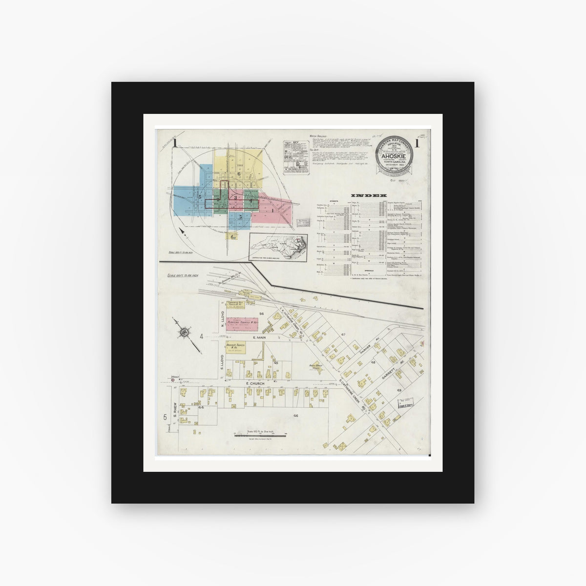 Old map wall art mockup — black gallery frame with white mat — Sanborn Fire Insurance Map from Ahoskie, Hertford County, North Carolina (1923), Sheet #0001