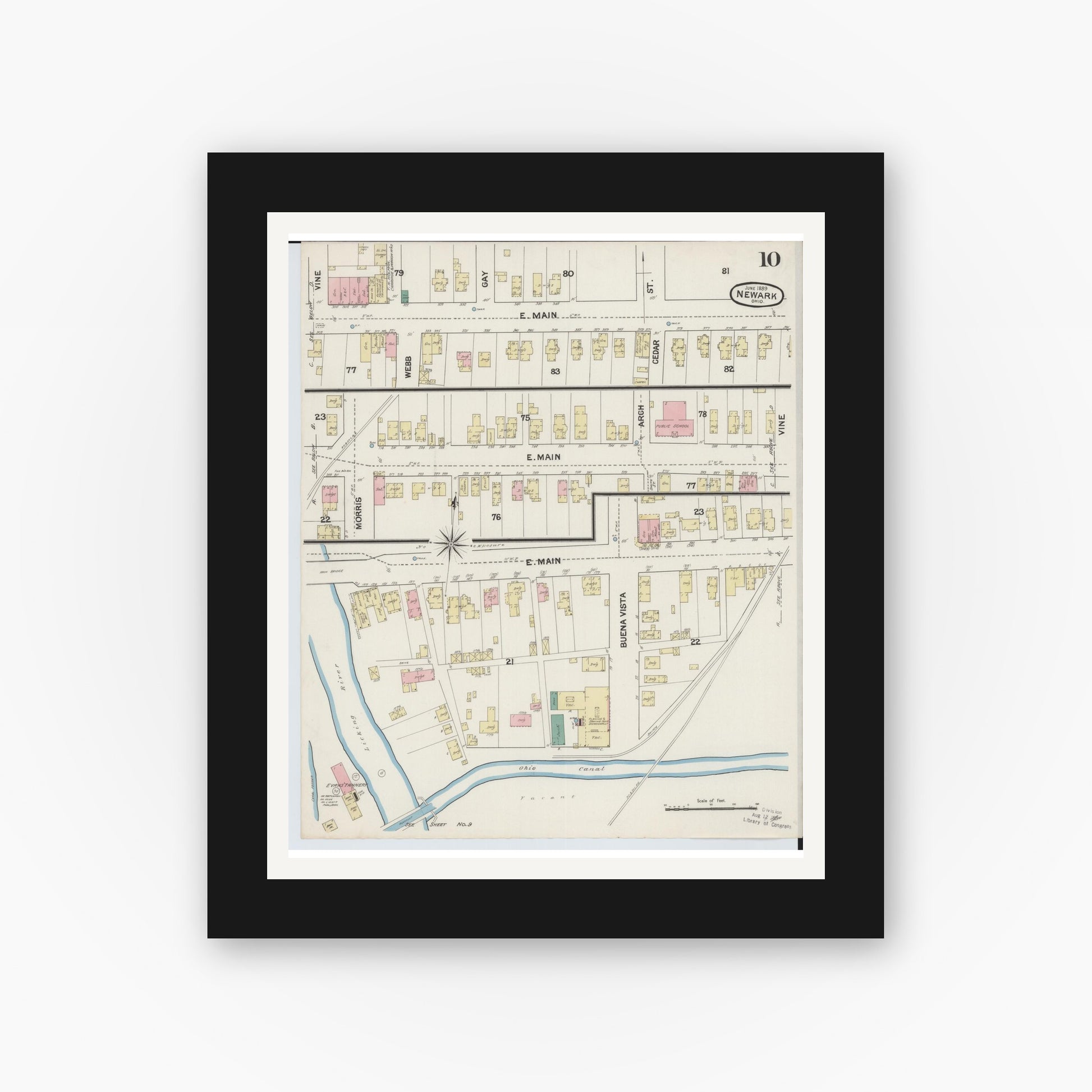 Old map wall art mockup — black gallery frame with white mat — Sanborn Fire Insurance Map from Newark, Licking County, Ohio (1889), Sheet #0010