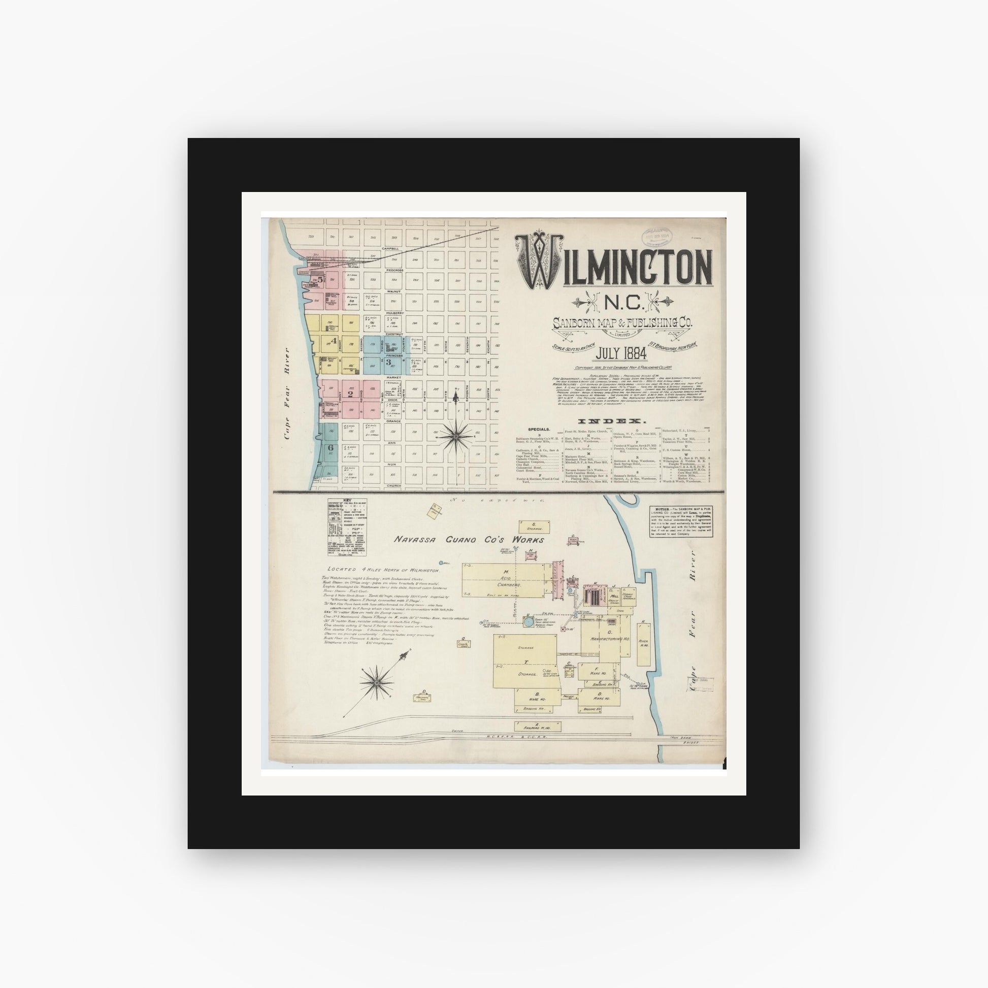 Old map wall art mockup — black gallery frame with white mat — Sanborn Fire Insurance Map from Wilmington, New Hanover County, North Carolina (1884), Sheet #0001