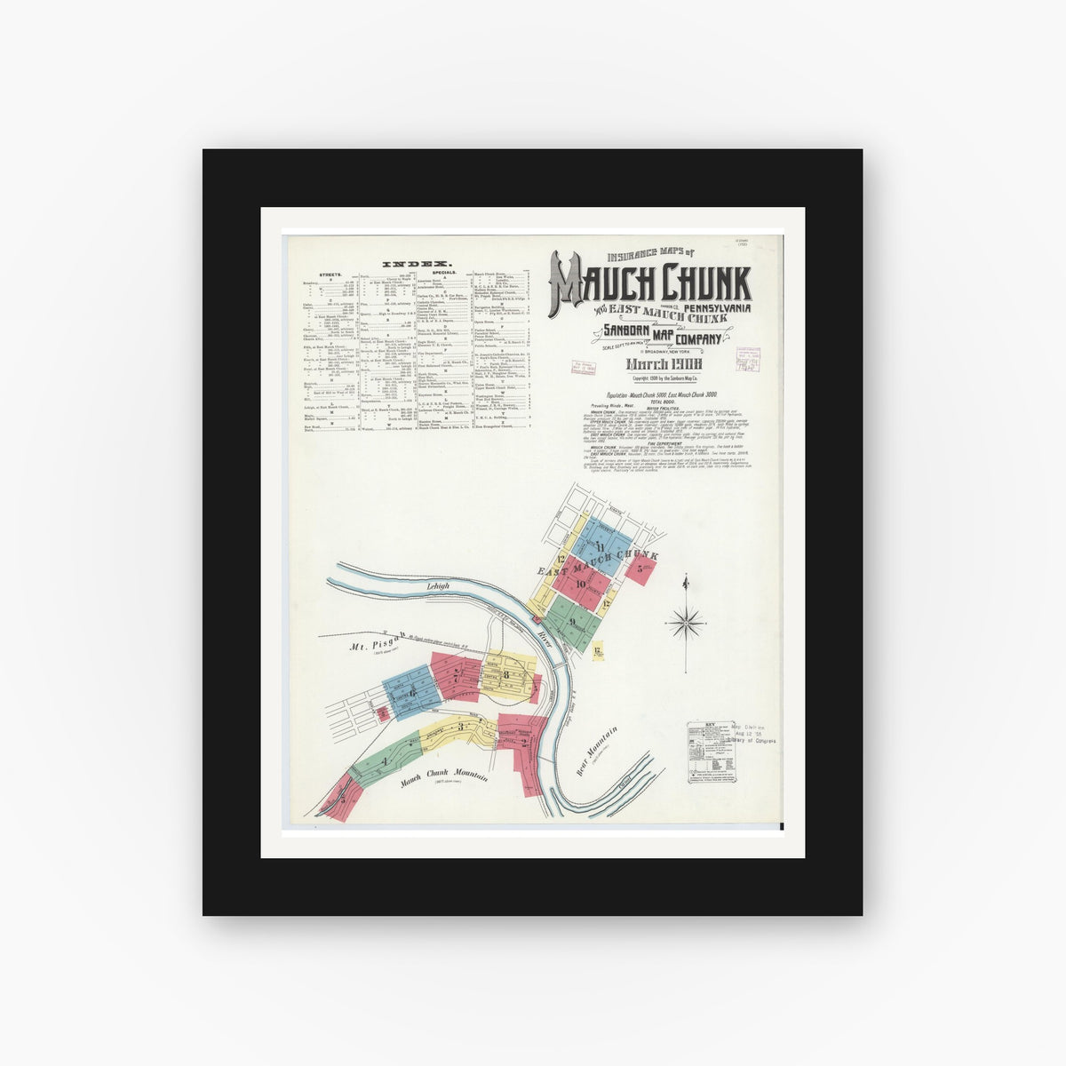 Old map wall art mockup — black gallery frame with white mat — Sanborn Fire Insurance Map from Mauch Chunk, Carbon County, Pennsylvania (1908), Sheet #0001