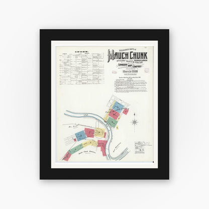 Old map wall art mockup — black gallery frame with white mat — Sanborn Fire Insurance Map from Mauch Chunk, Carbon County, Pennsylvania (1908), Sheet #0001
