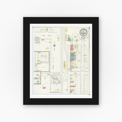 Old map wall art mockup — black gallery frame with white mat — Sanborn Fire Insurance Map from Seligman, Barry County, Missouri (1916), Sheet #0001