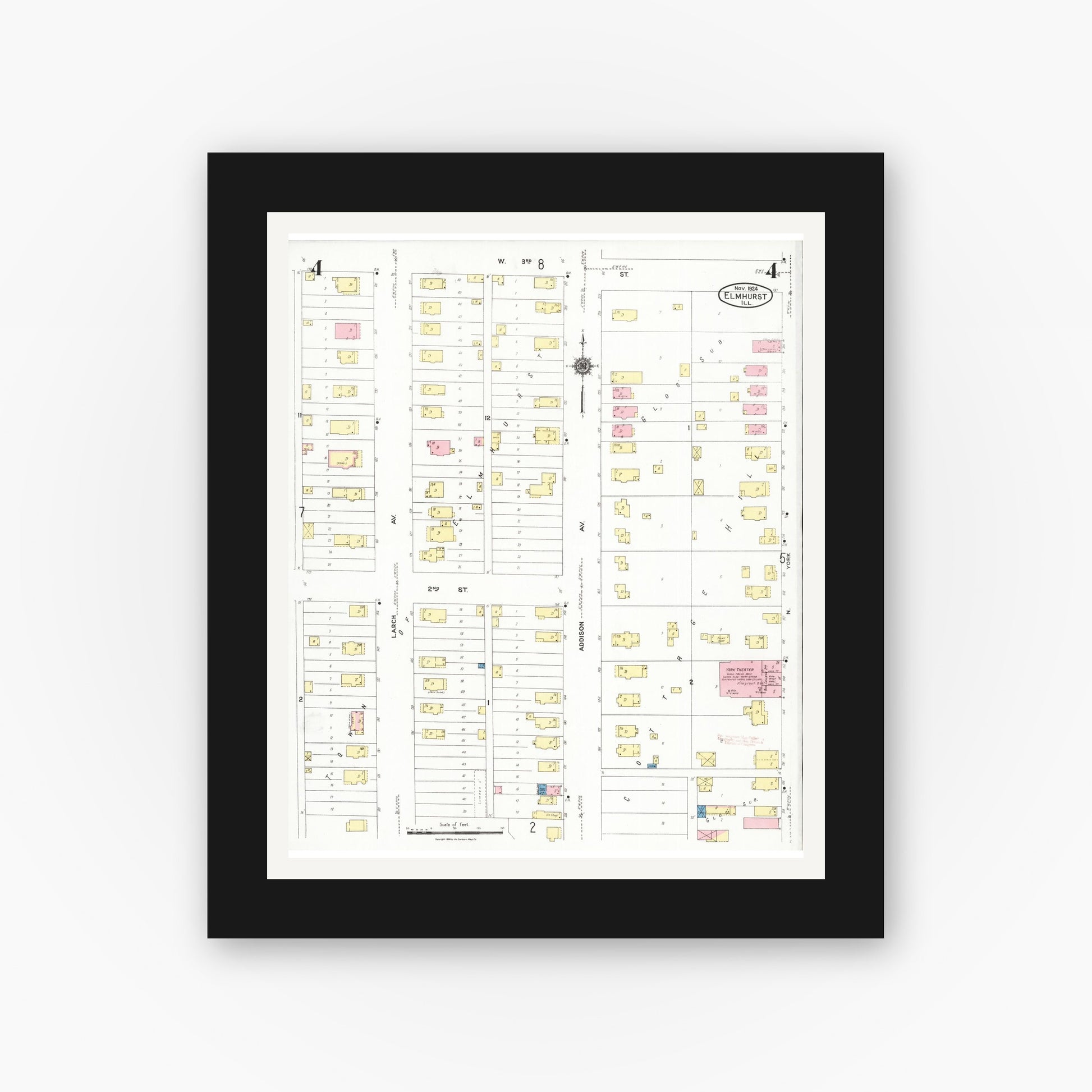 Old map wall art mockup — black gallery frame with white mat — Sanborn Fire Insurance Map from Elmhurst, Du Page County, Illinois (1924), Sheet #0004