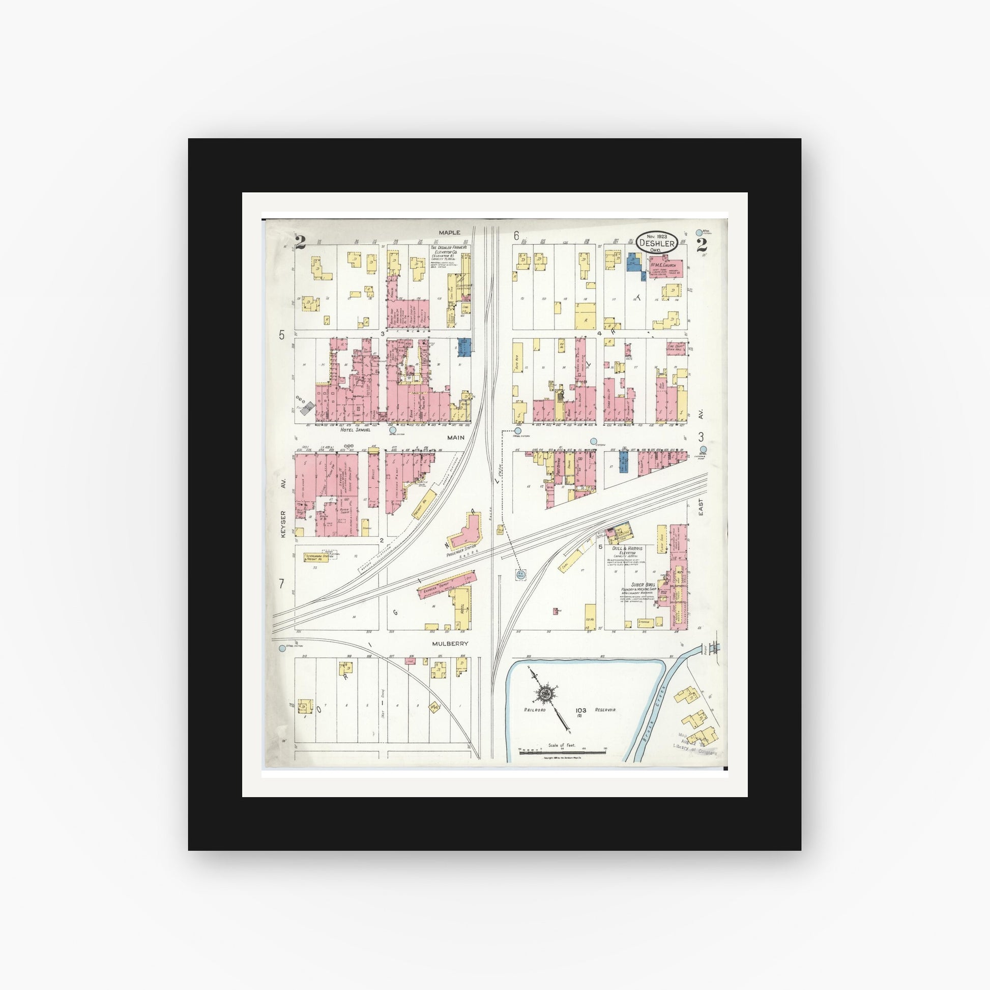 Old map wall art mockup — black gallery frame with white mat — Sanborn Fire Insurance Map from Deshler, Henry County, Ohio (1923), Sheet #0002