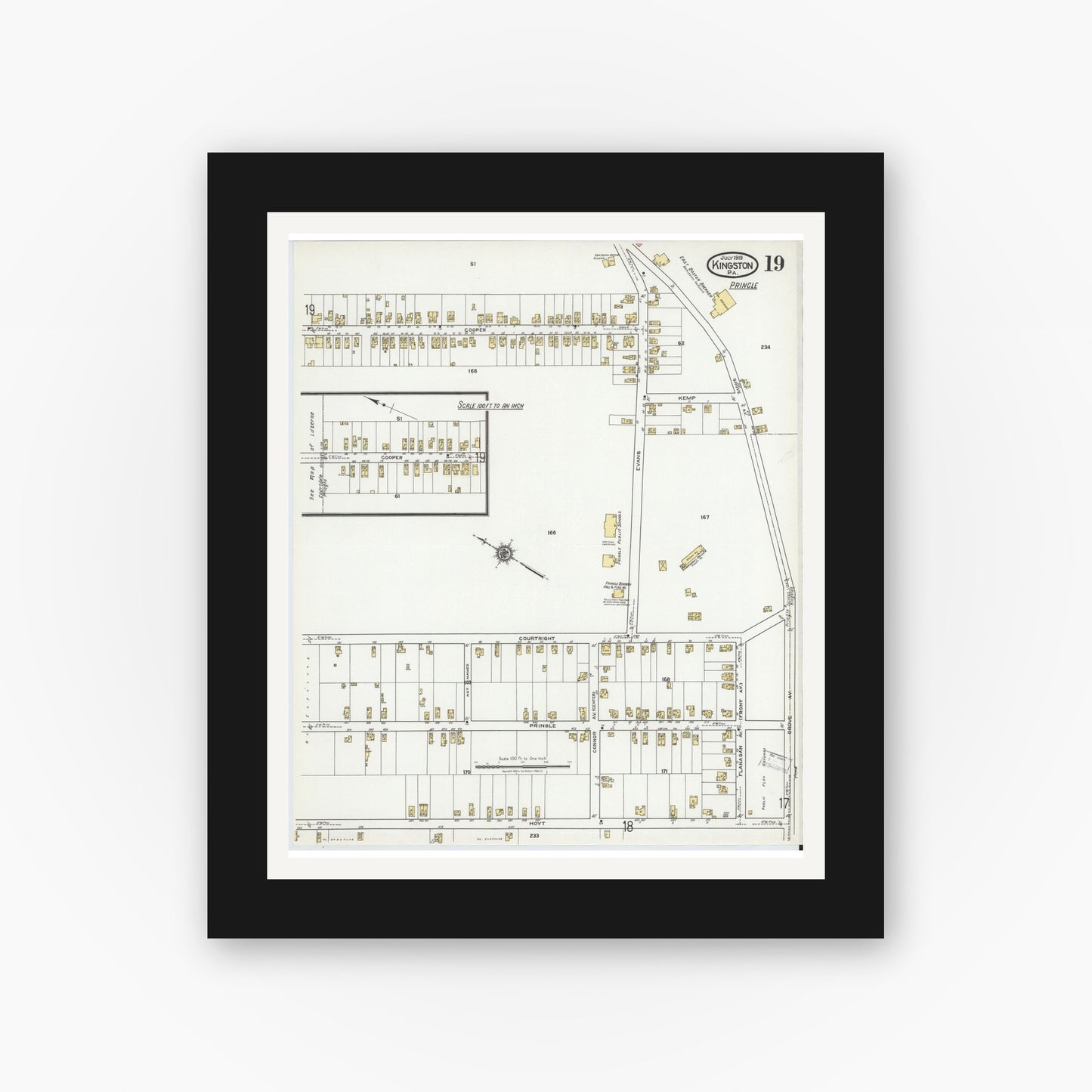 Old map wall art mockup — black gallery frame with white mat — Sanborn Fire Insurance Map from Kingston, Luzerne County, Pennsylvania (1919), Sheet #0019
