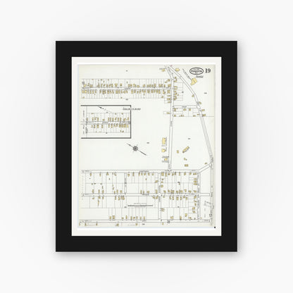 Old map wall art mockup — black gallery frame with white mat — Sanborn Fire Insurance Map from Kingston, Luzerne County, Pennsylvania (1919), Sheet #0019