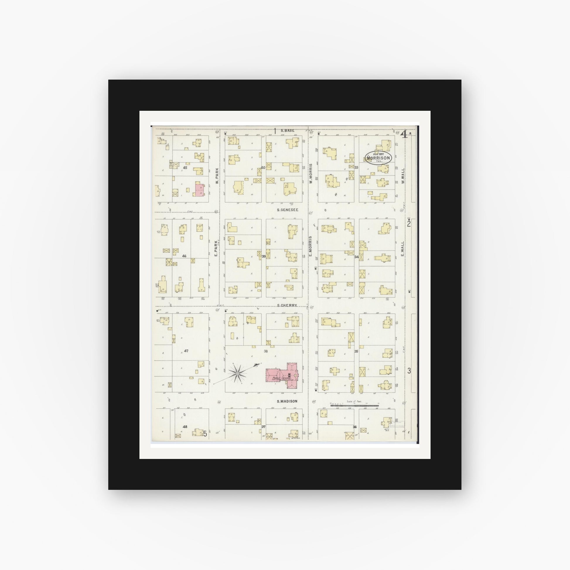 Old map wall art mockup — black gallery frame with white mat — Sanborn Fire Insurance Map from Morrison, Whiteside County, Illinois (1897), Sheet #0004