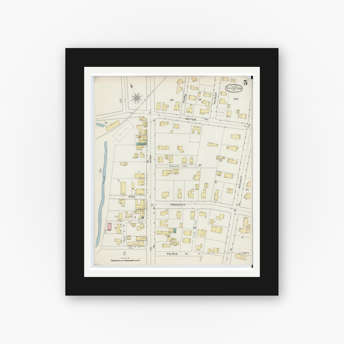Old map wall art mockup — black gallery frame with white mat — Sanborn Fire Insurance Map from Clinton, Worcester County, Massachusetts (1894), Sheet #0005