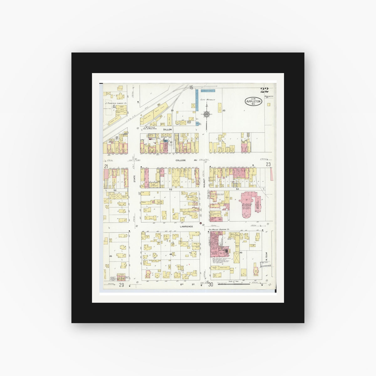 Old map wall art mockup — black gallery frame with white mat — Sanborn Fire Insurance Map from Appleton, Outagamie County, Wisconsin (1911), Sheet #0022
