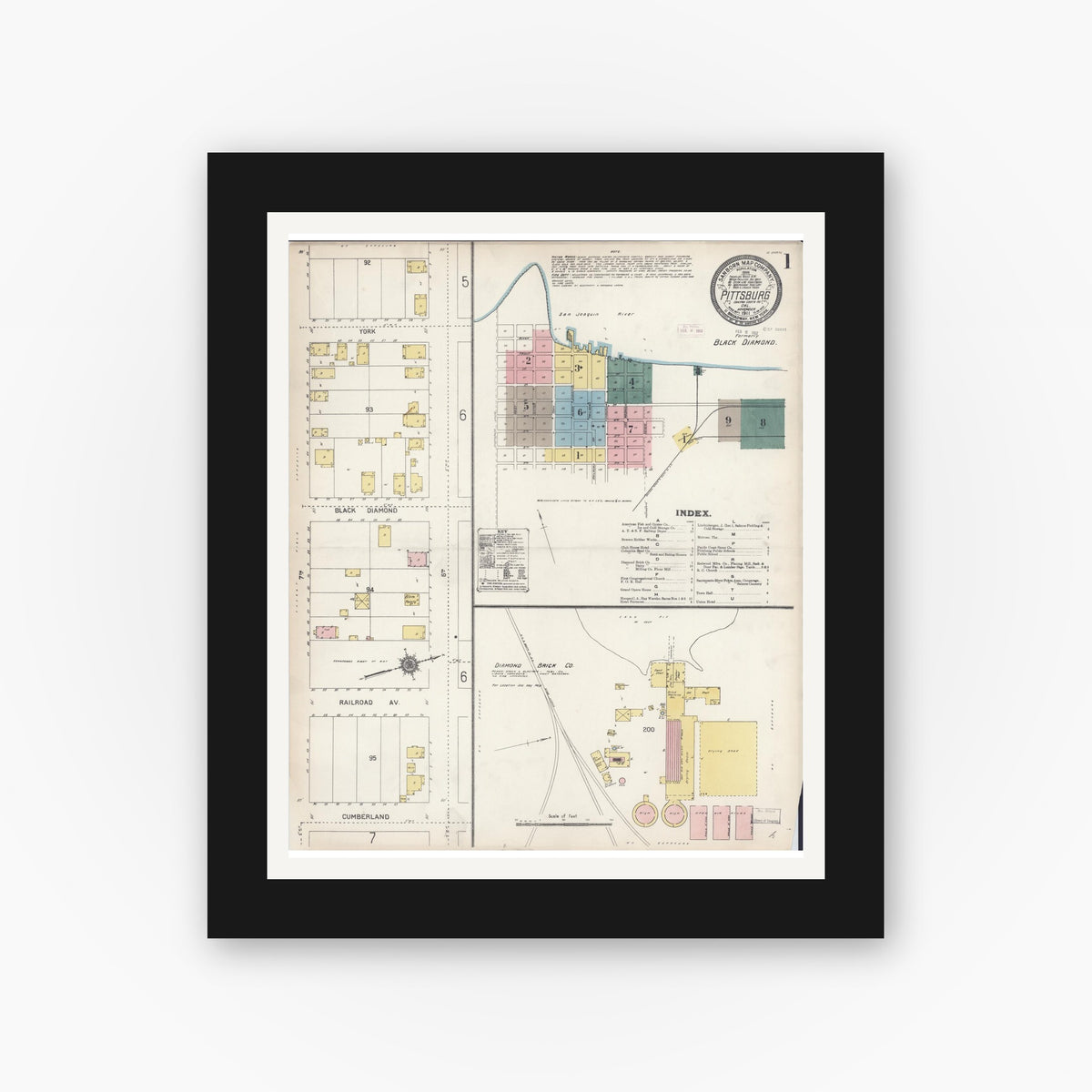Old map wall art mockup — black gallery frame with white mat — Sanborn Fire Insurance Map from Pittsburg, Contra Costa County, California (1911) - Complete Map Set