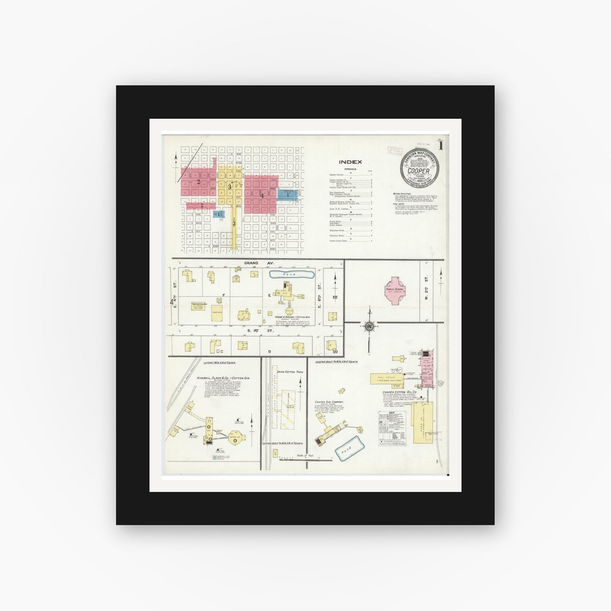 Old map wall art mockup — black gallery frame with white mat — Sanborn Fire Insurance Map from Cooper, Delta County, Texas (1909), Sheet #0001