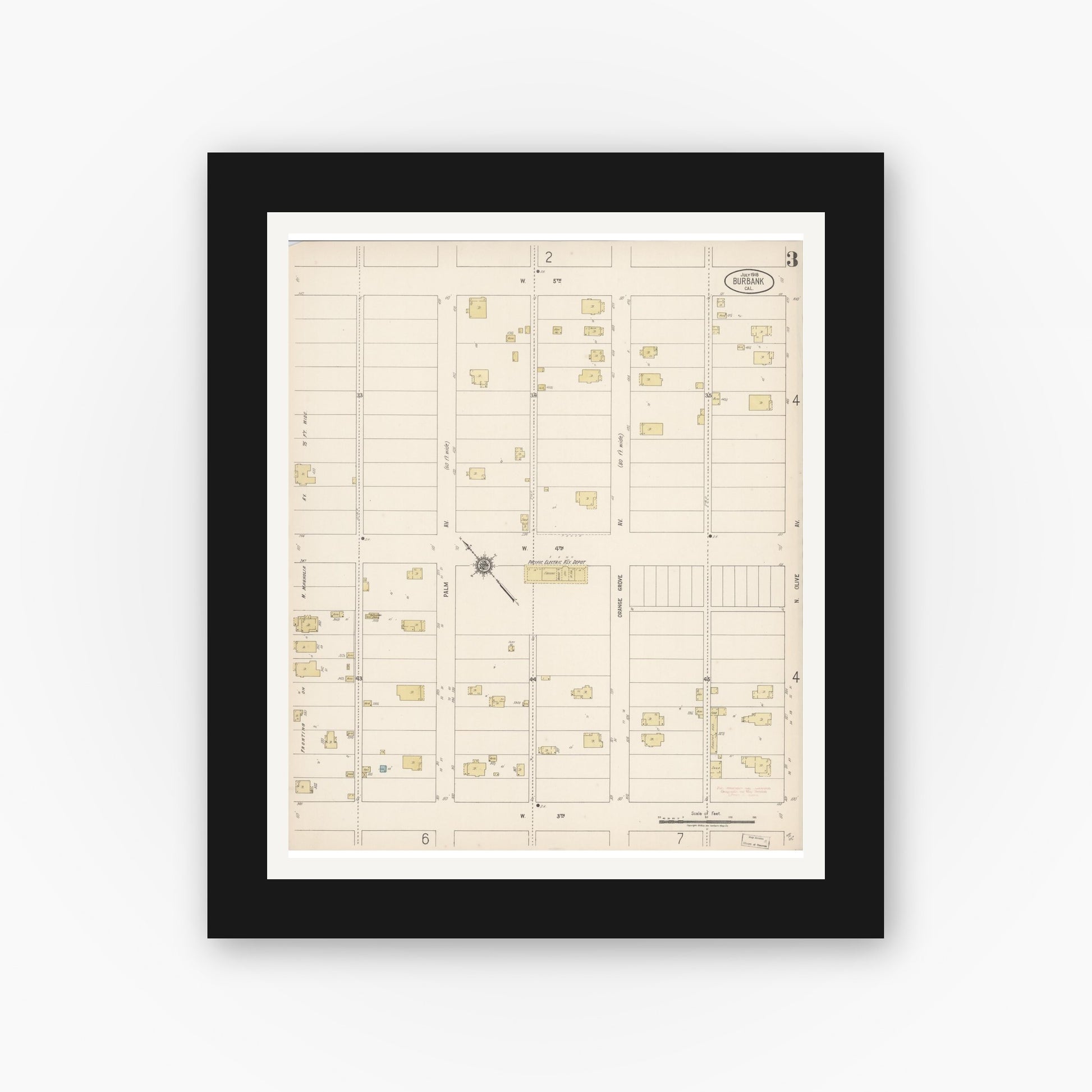 Old map wall art mockup — black gallery frame with white mat — Sanborn Fire Insurance Map from Burbank, Los Angeles County, California (1918), Sheet #0003