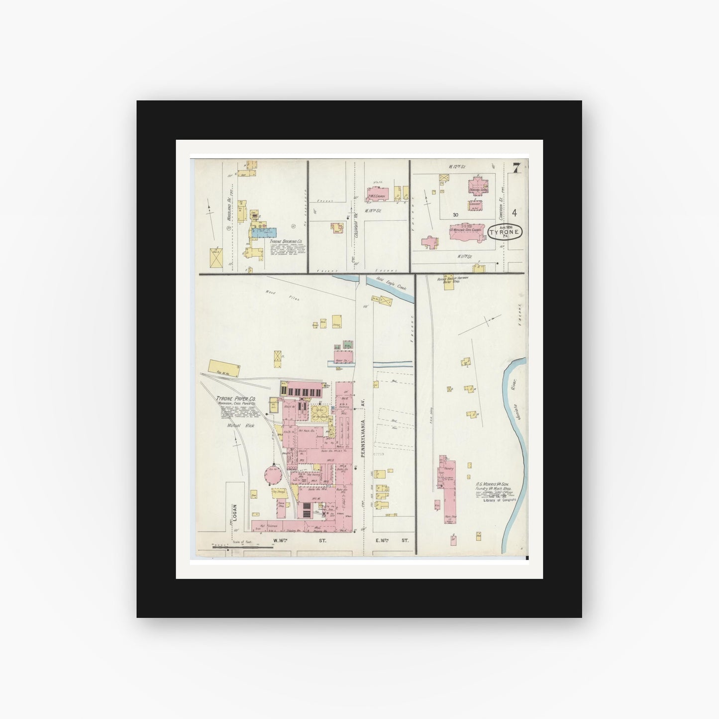 Old map wall art mockup — black gallery frame with white mat — Sanborn Fire Insurance Map from Tyrone, Blair County, Pennsylvania (1896), Sheet #0007