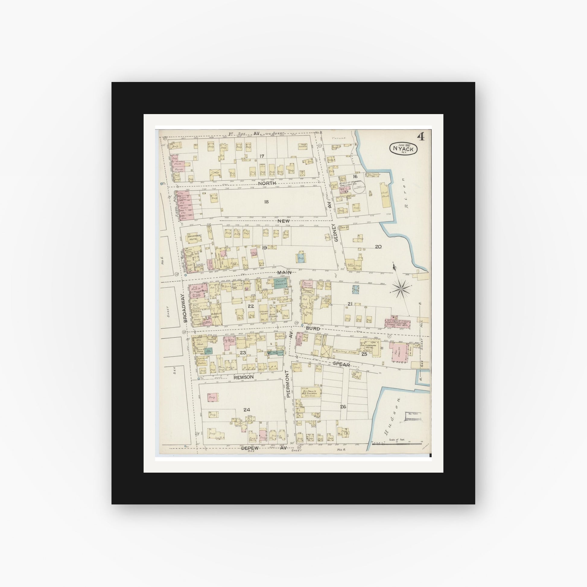 Old map wall art mockup — black gallery frame with white mat — Sanborn Fire Insurance Map from Nyack, Rockland County, New York. (1887), Sheet #0004