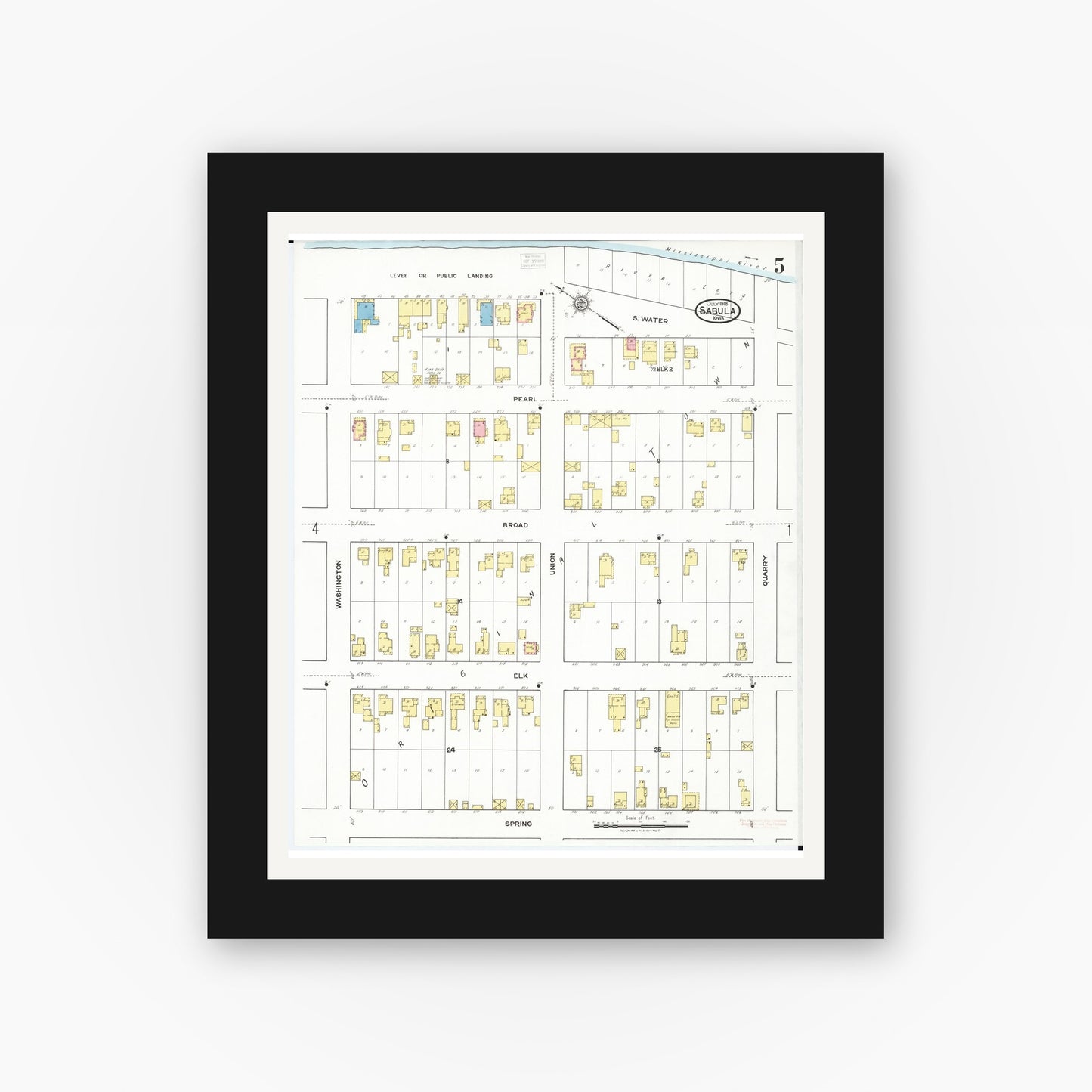 Old map wall art mockup — black gallery frame with white mat — Sanborn Fire Insurance Map from Sabula, Jackson County, Iowa (1918), Sheet #0005