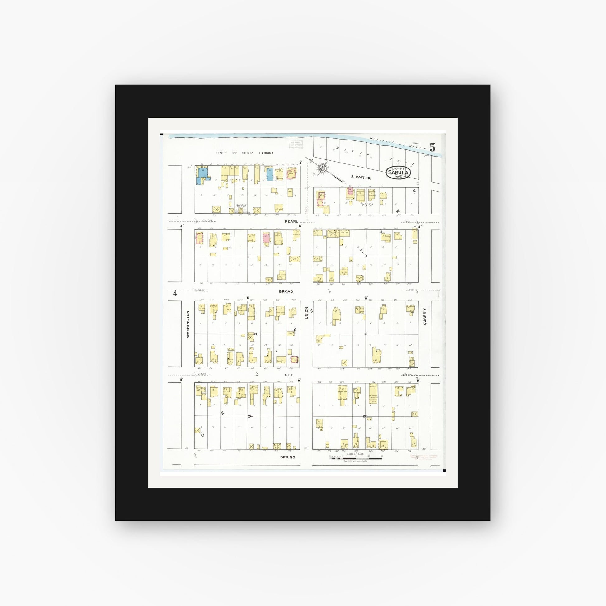 Old map wall art mockup — black gallery frame with white mat — Sanborn Fire Insurance Map from Sabula, Jackson County, Iowa (1918), Sheet #0005