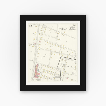 Old map wall art mockup — black gallery frame with white mat — Sanborn Fire Insurance Map from Hickory, Catawba County, North Carolina (1925), Sheet #0024