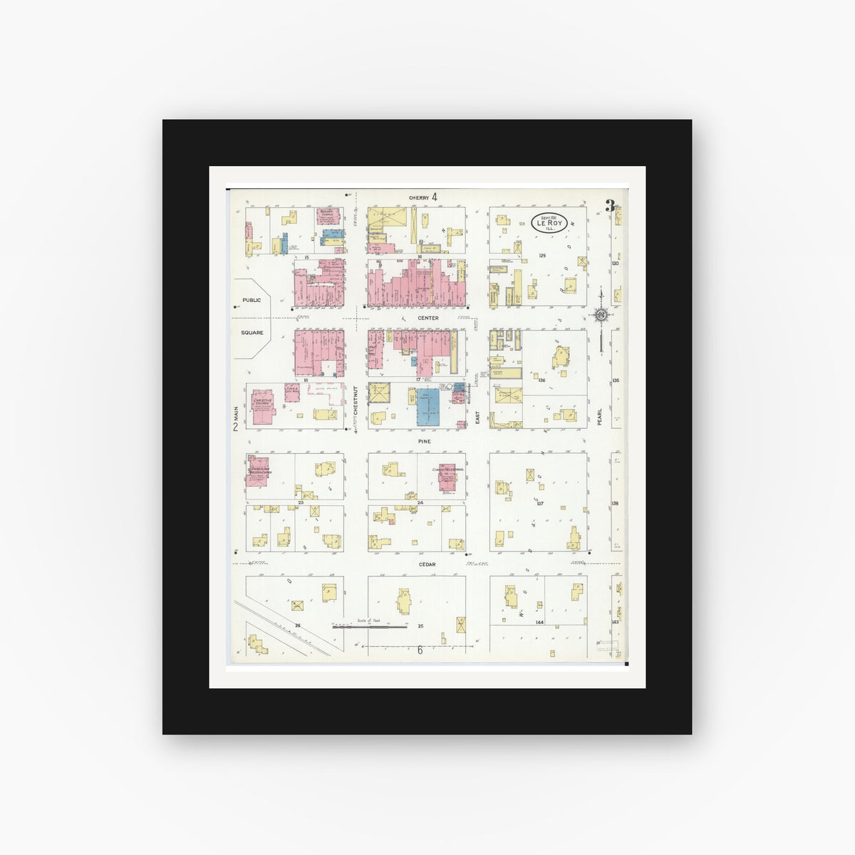 Old map wall art mockup — black gallery frame with white mat — Sanborn Fire Insurance Map from Leroy, McLean County, Illinois (1911), Sheet #0003