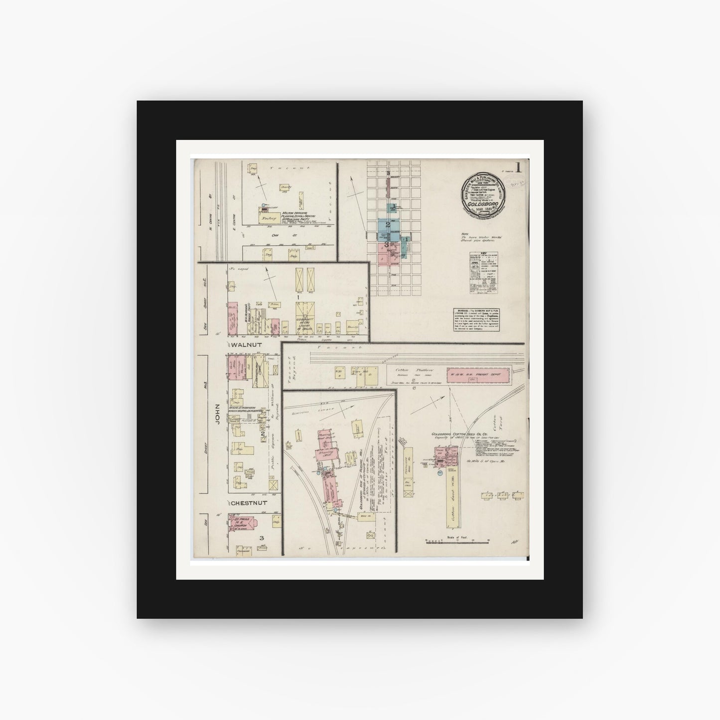 Old map wall art mockup — black gallery frame with white mat — Sanborn Fire Insurance Map from Goldsboro, Wayne County, North Carolina (1885) - Complete Map Set