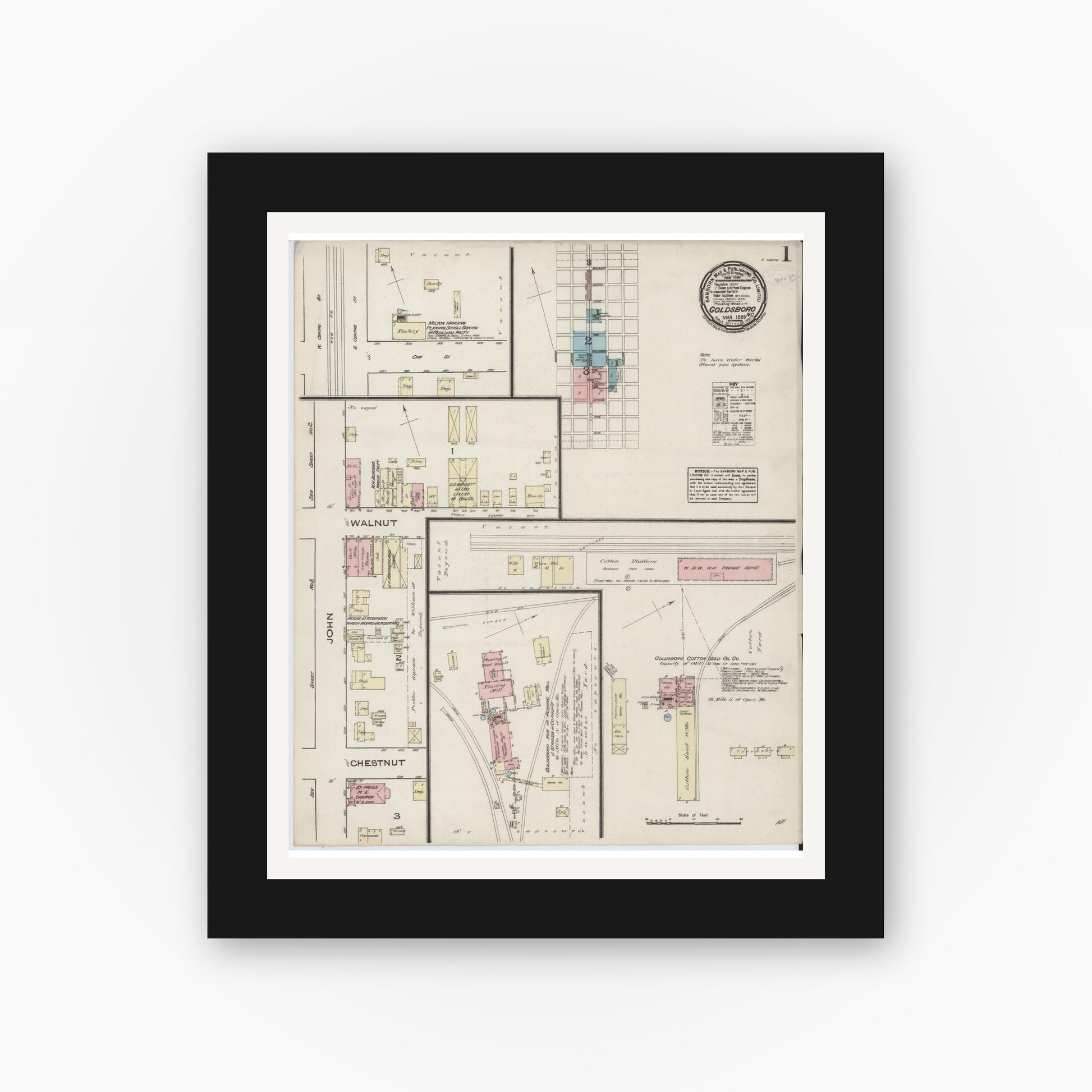 Old map wall art mockup — black gallery frame with white mat — Sanborn Fire Insurance Map from Goldsboro, Wayne County, North Carolina (1885) - Complete Map Set