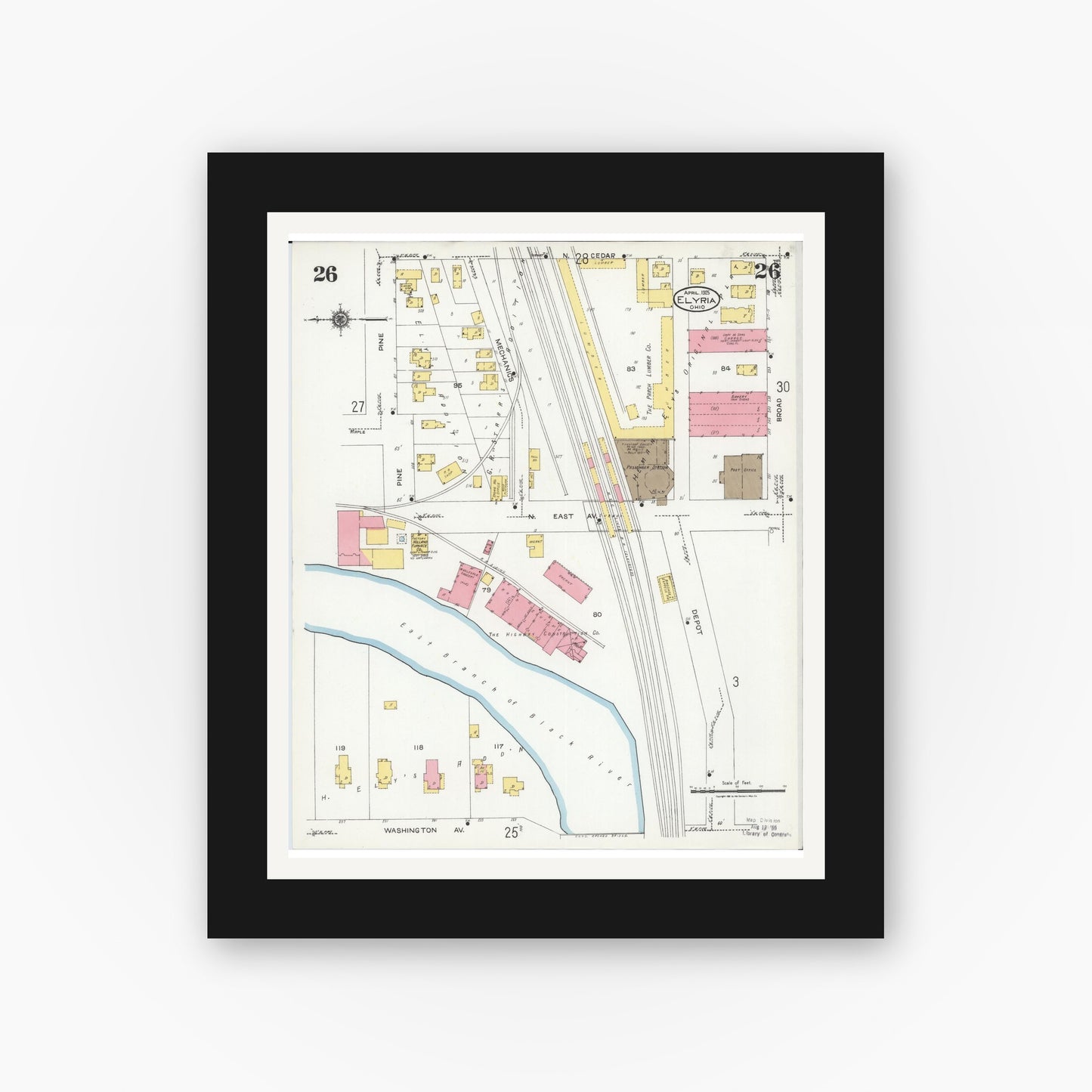 Old map wall art mockup — black gallery frame with white mat — Sanborn Fire Insurance Map from Elyria, Lorain County, Ohio (1925), Sheet #0026