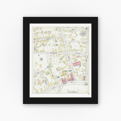 Old map wall art mockup — black gallery frame with white mat — Sanborn Fire Insurance Map from Ware, Hampshire County, Massachusetts (1892), Sheet #0004