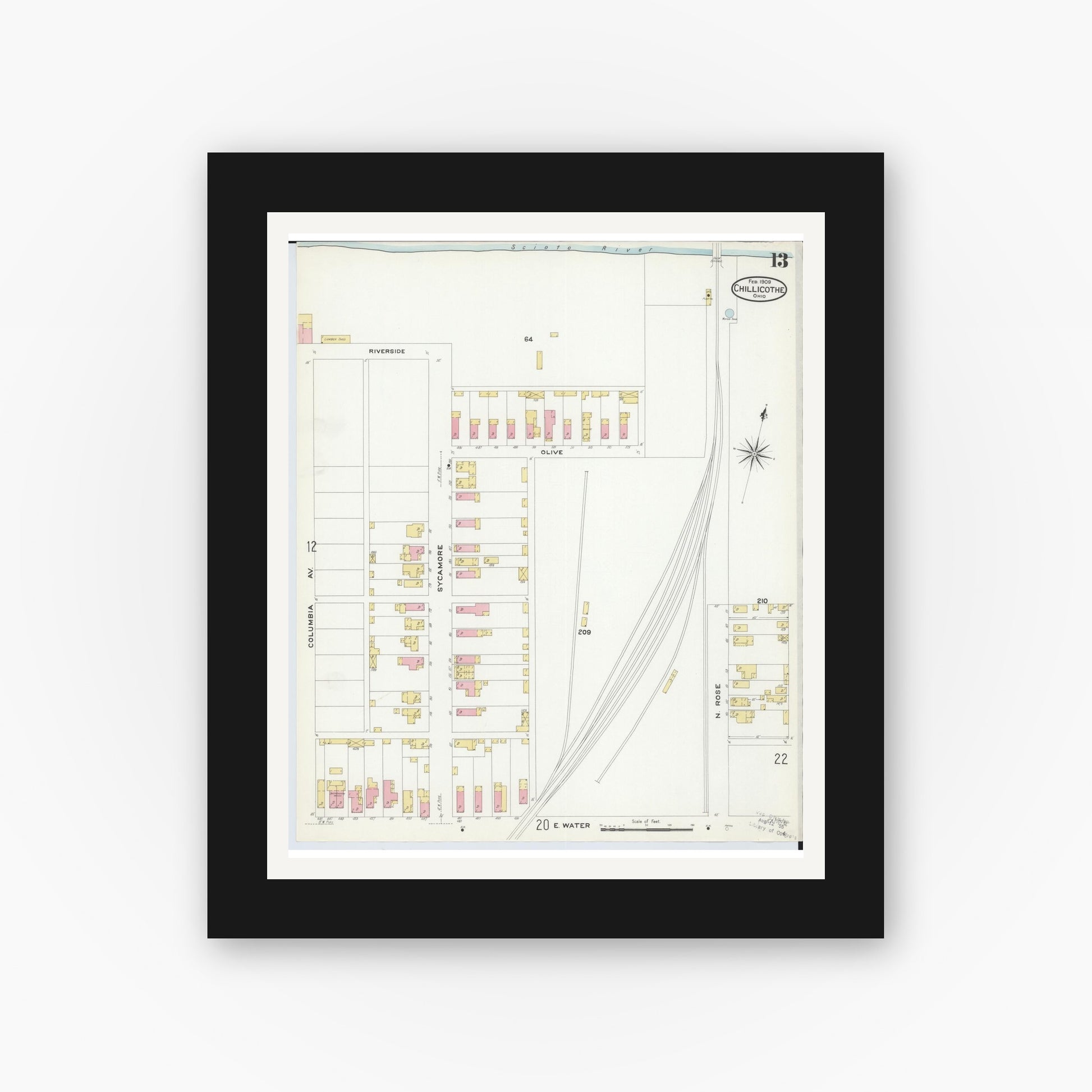 Old map wall art mockup — black gallery frame with white mat — Sanborn Fire Insurance Map from Chillicothe, Ross County, Ohio (1909), Sheet #0013