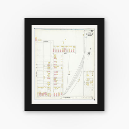 Old map wall art mockup — black gallery frame with white mat — Sanborn Fire Insurance Map from Chillicothe, Ross County, Ohio (1909), Sheet #0013