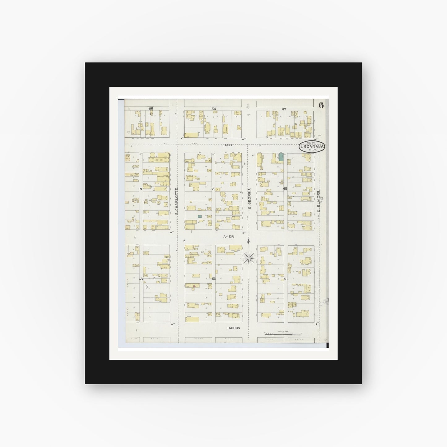 Old map wall art mockup — black gallery frame with white mat — Sanborn Fire Insurance Map from Escanaba, Delta County, Michigan (1893), Sheet #0006