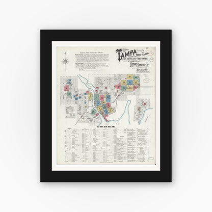 Old map wall art mockup — black gallery frame with white mat — Sanborn Fire Insurance Map from Tampa, Hillsborough County, Florida (1899), Sheet #0001
