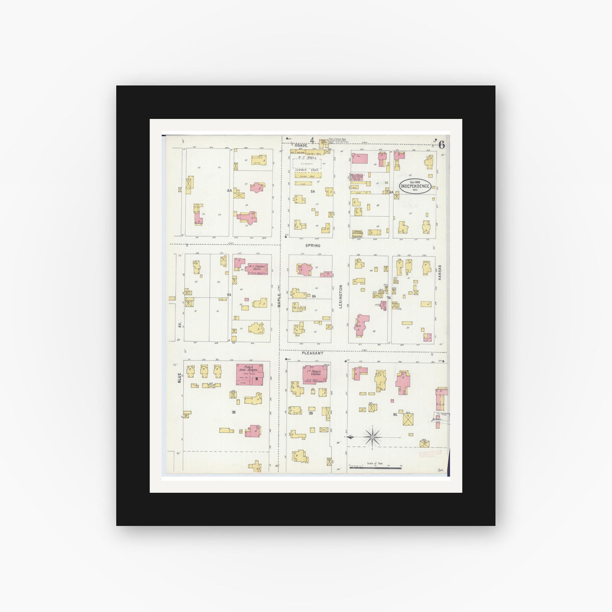 Old map wall art mockup — black gallery frame with white mat — Sanborn Fire Insurance Map from Independence, Jackson County, Missouri (1898), Sheet #0006