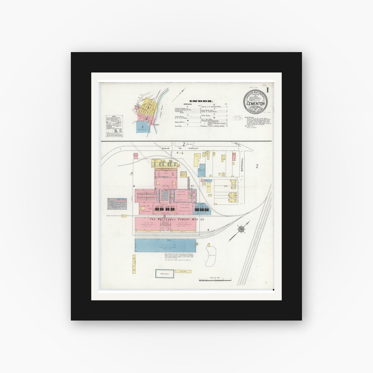 Old map wall art mockup — black gallery frame with white mat — Sanborn Fire Insurance Map from Cementon, Lehigh County, Pennsylvania (1911), Sheet #0001