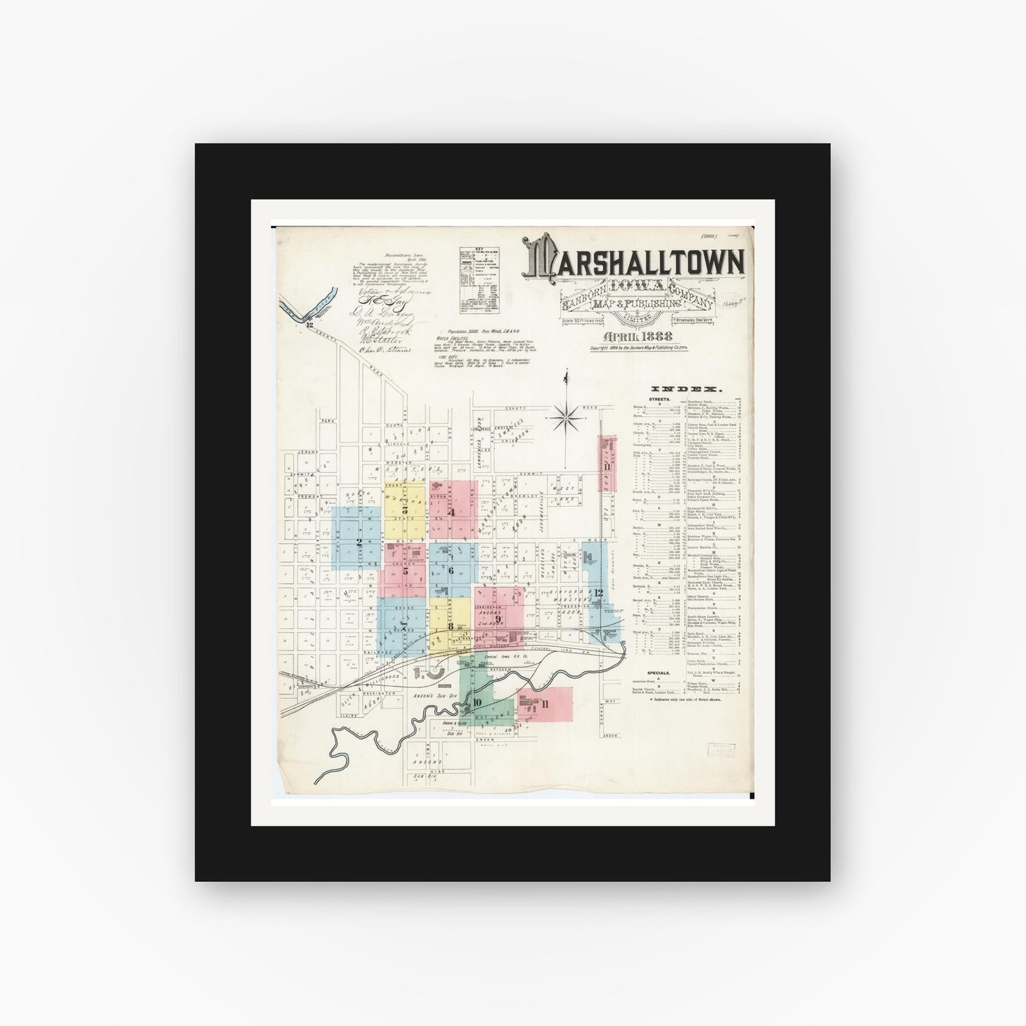 Old map wall art mockup — black gallery frame with white mat — Sanborn Fire Insurance Map from Marshalltown, Marshall County, Iowa (1888) â€” Complete Set