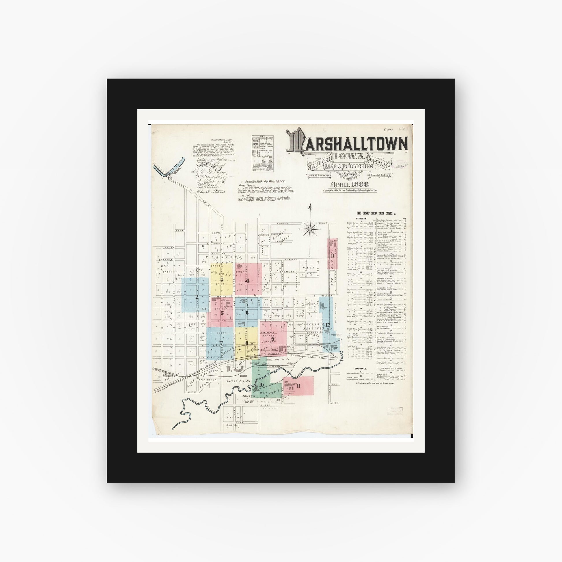 Old map wall art mockup — black gallery frame with white mat — Sanborn Fire Insurance Map from Marshalltown, Marshall County, Iowa (1888) â€” Complete Set