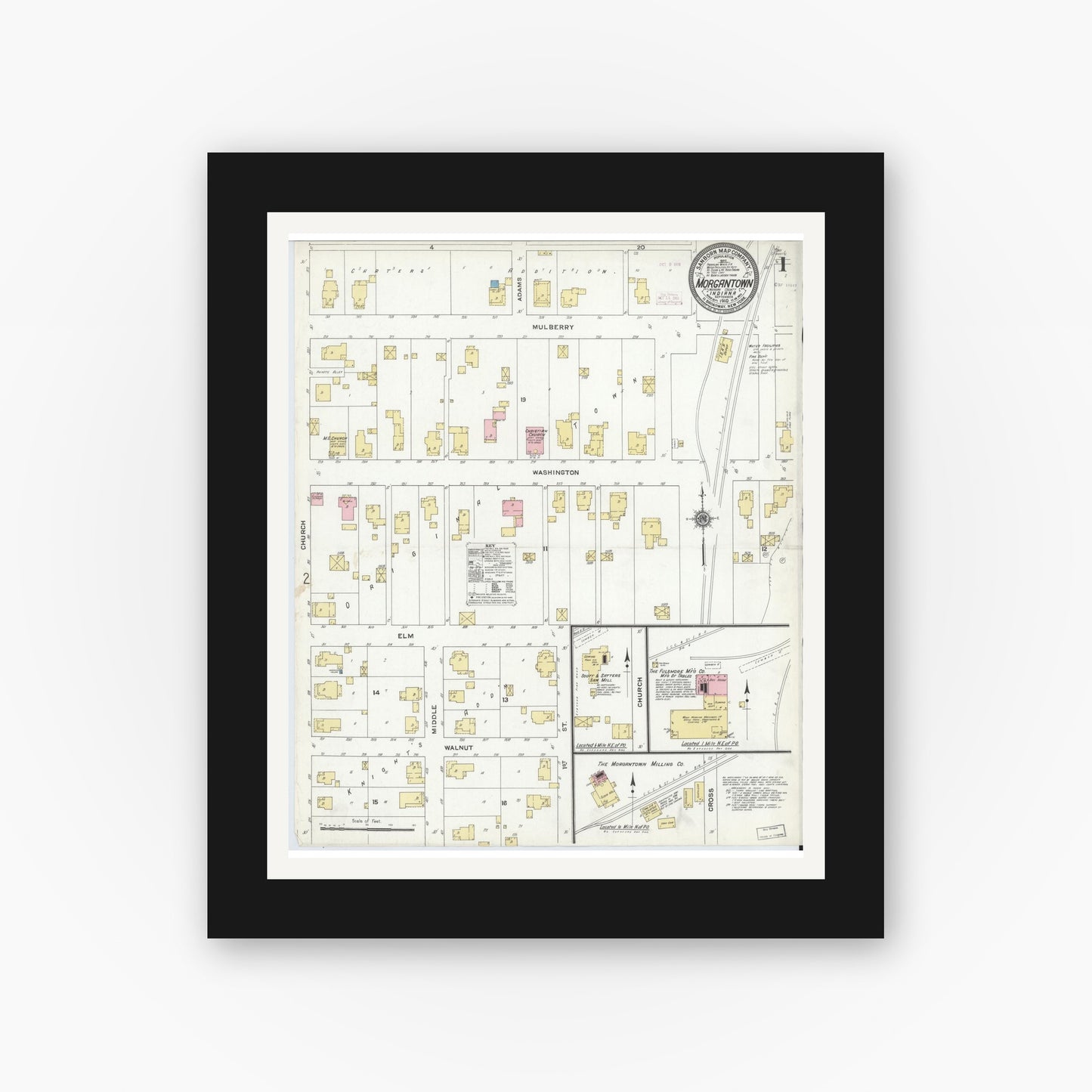 Old map wall art mockup — black gallery frame with white mat — Sanborn Fire Insurance Map from Morgantown, Morgan County, Indiana (1910) - Complete Map Set