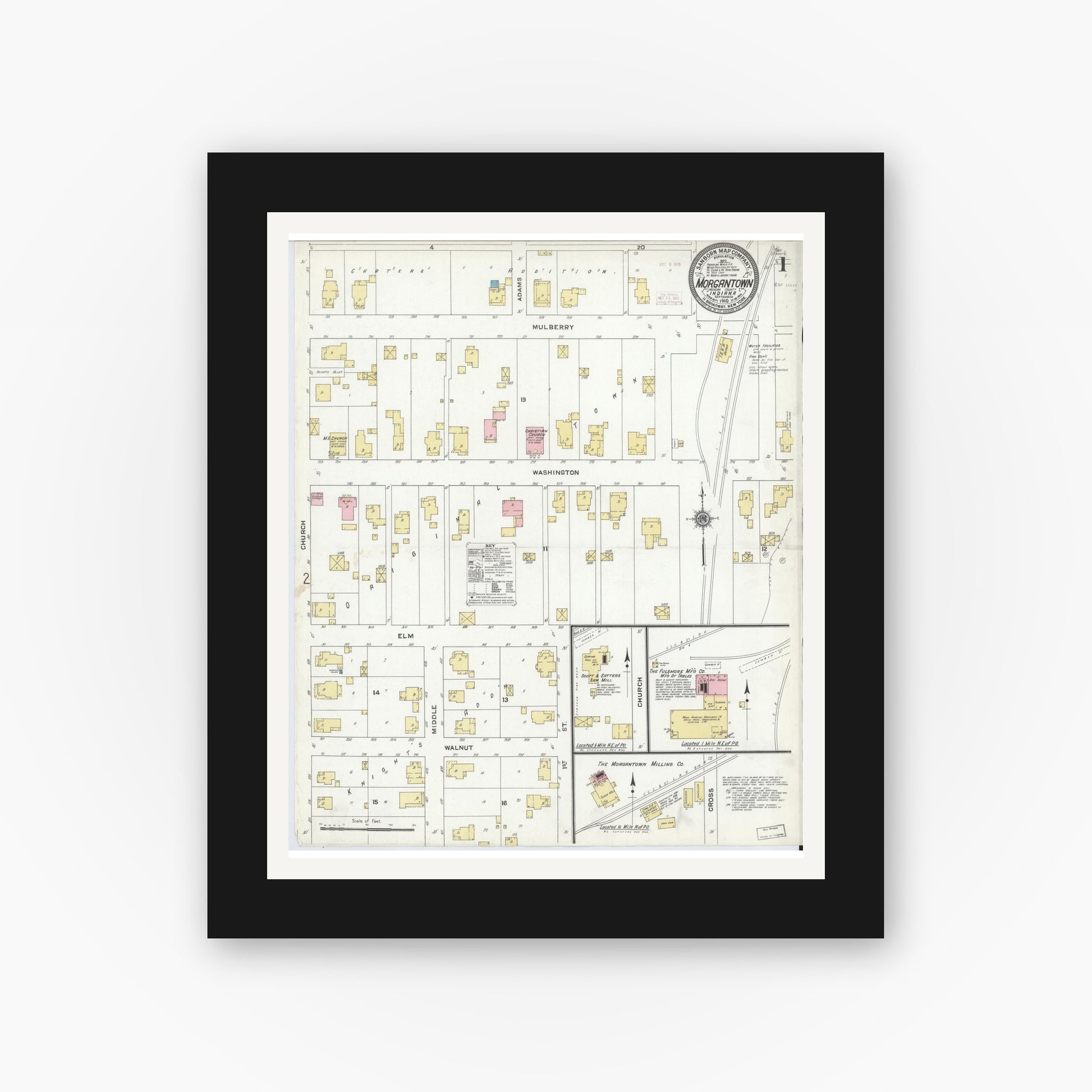 Old map wall art mockup — black gallery frame with white mat — Sanborn Fire Insurance Map from Morgantown, Morgan County, Indiana (1910) - Complete Map Set