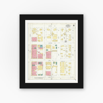Old map wall art mockup — black gallery frame with white mat — Sanborn Fire Insurance Map from Temple, Bell County, Texas (1905), Sheet #0006