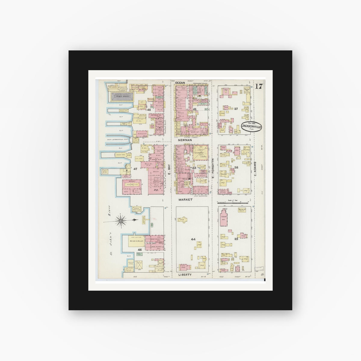Old map wall art mockup — black gallery frame with white mat — Sanborn Fire Insurance Map from Jacksonville, Duval County, Florida (1891), Sheet #0017